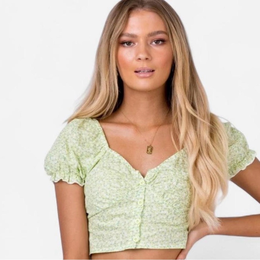 Princess Polly Laguna Bright Green Floral Crop Top Flirty Blouse Women’s Size 0